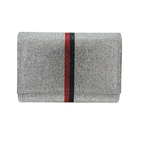 Handbags - NWT Rhinestone Stripe Clutch Crossbody – Silver Faux Leather